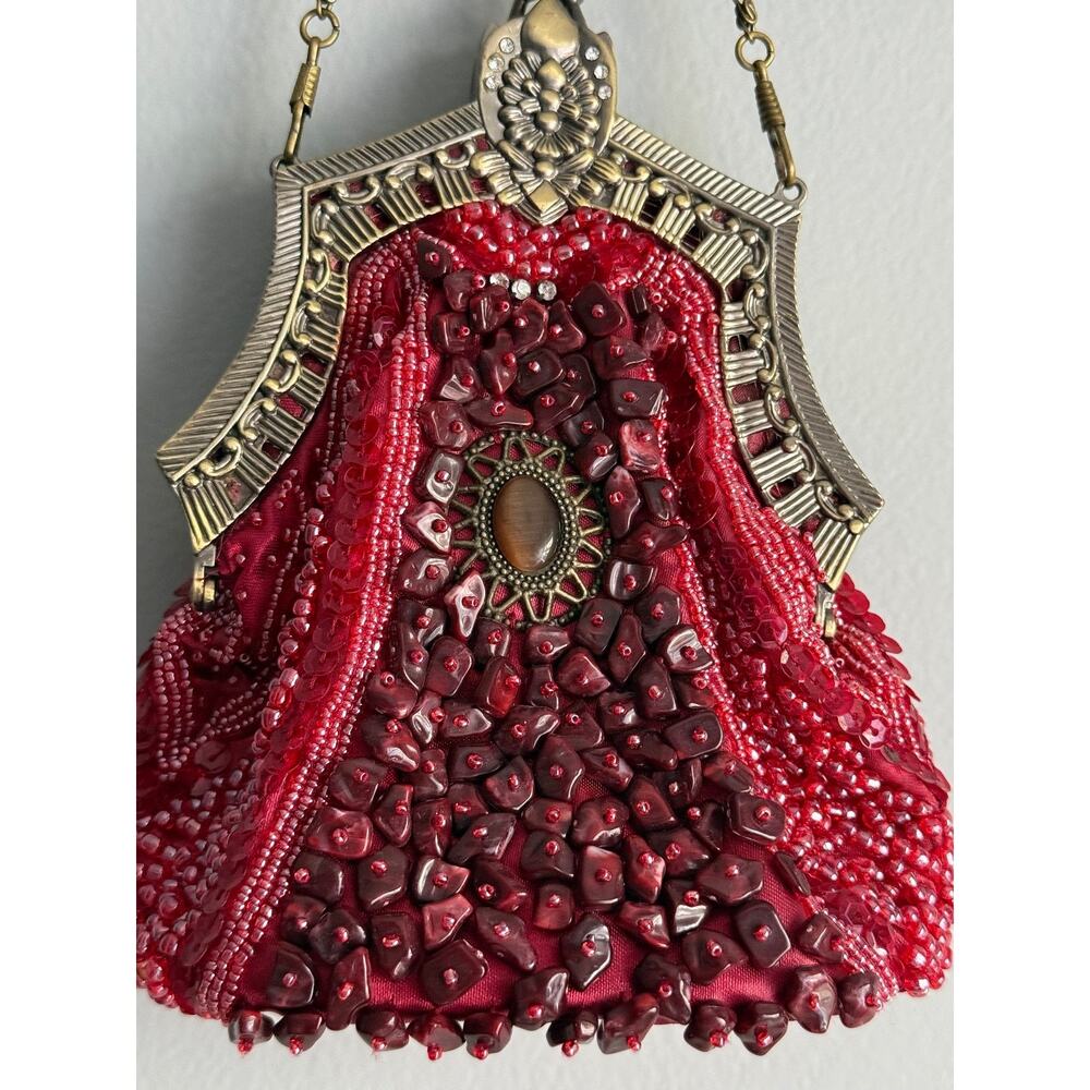 Vintage Style Burgundy Beaded Evening Bag Bronze Frame Chain Strap Cabochon - Picture 3 of 8